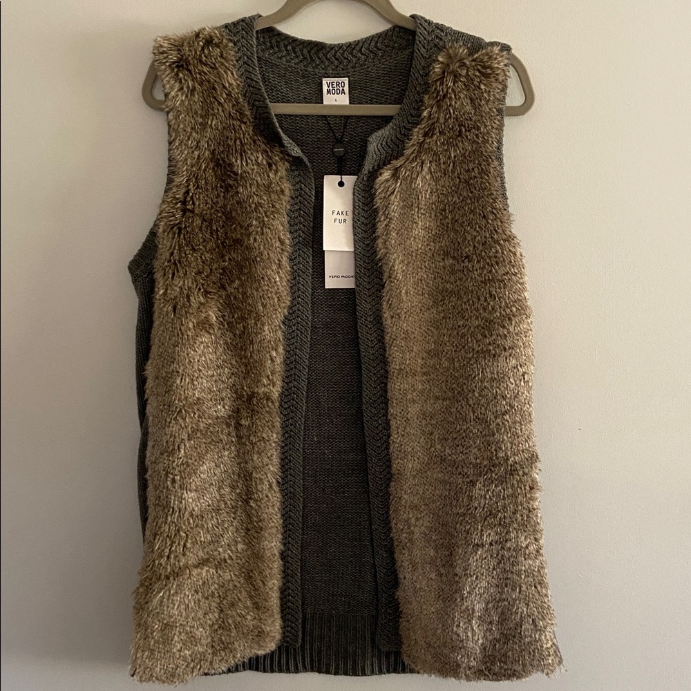 Vero Moda Gray and Brown Faux Fur Vest